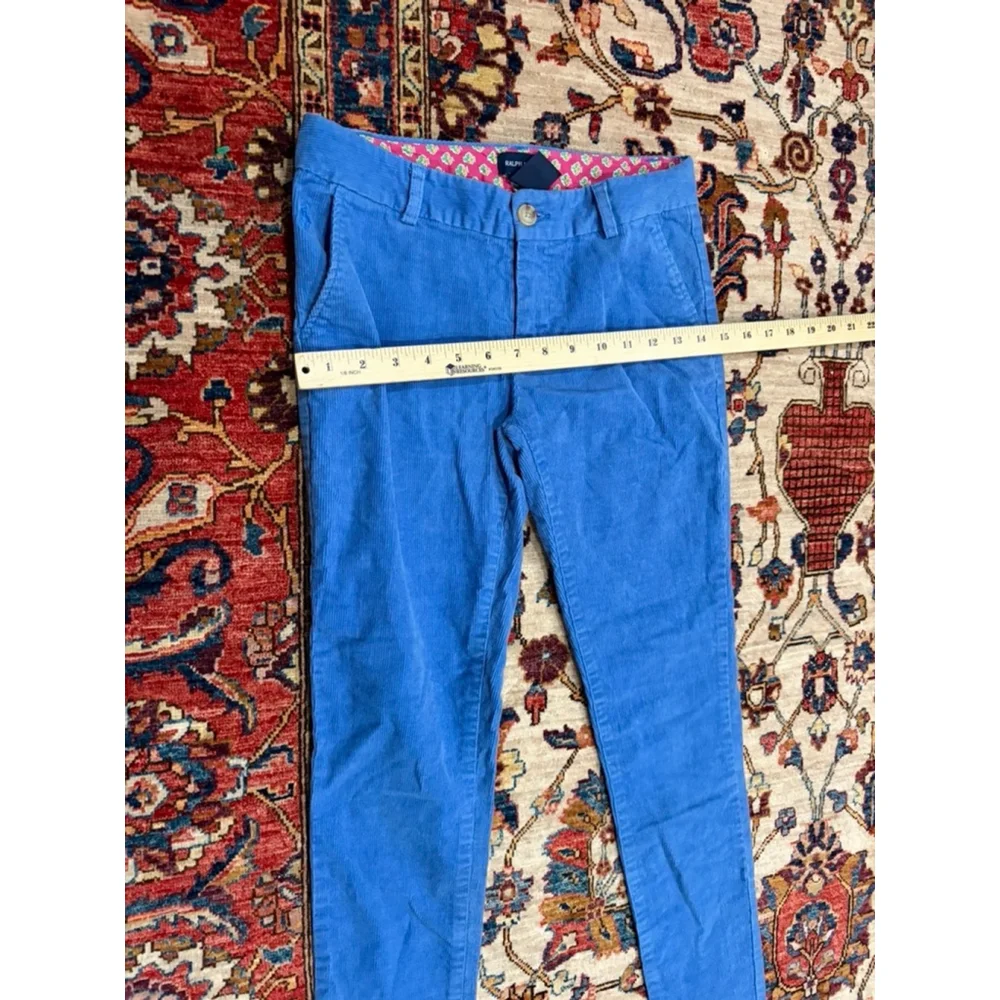 Ralph Lauren Girls Blue Corduroy Pants Size 14 Floral Waistband Classic Preppy